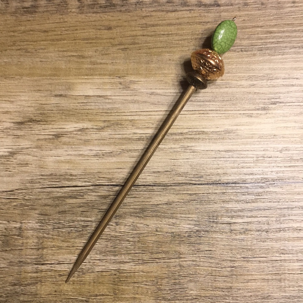 Handmade beaded hair sticks- gold, brown, green